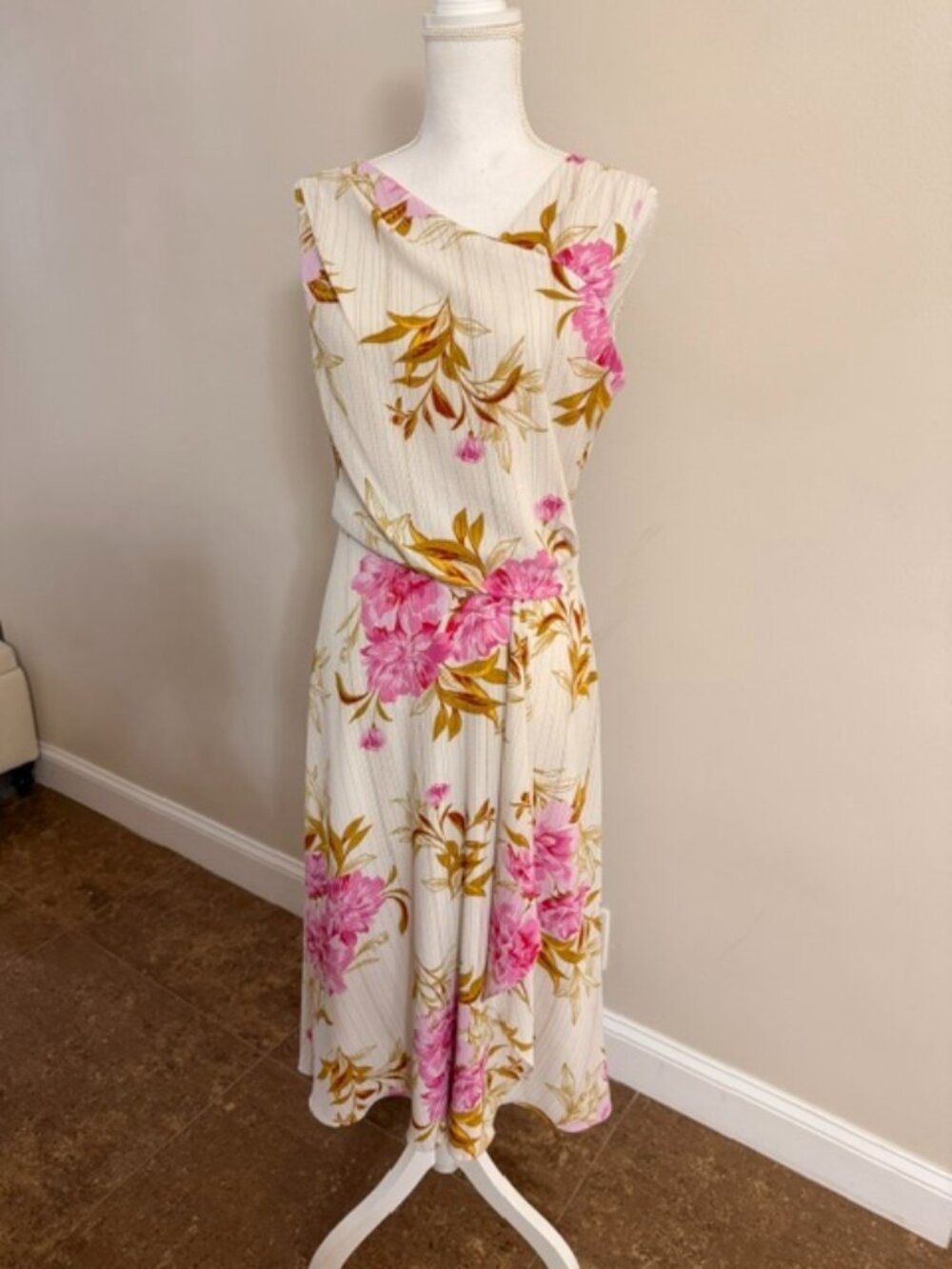 Donna Ricco New York Floral Midi Dress Size 10 Asymmetrical Draped Neck